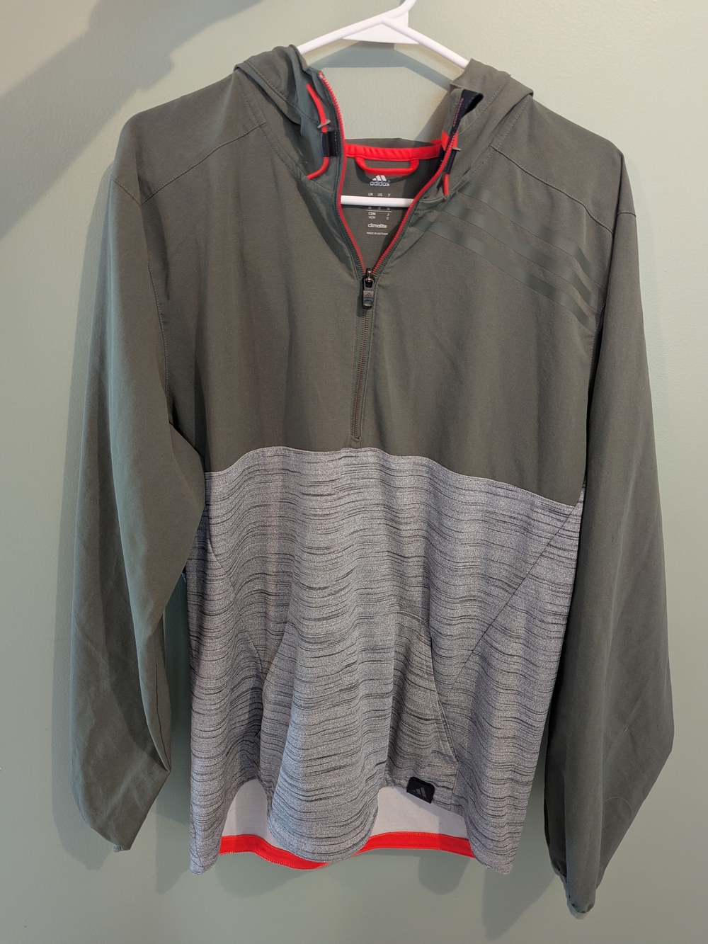 Adidas Men’s Climalite Hooded Half-Zip Jacket — Olive Green & Heather Gray